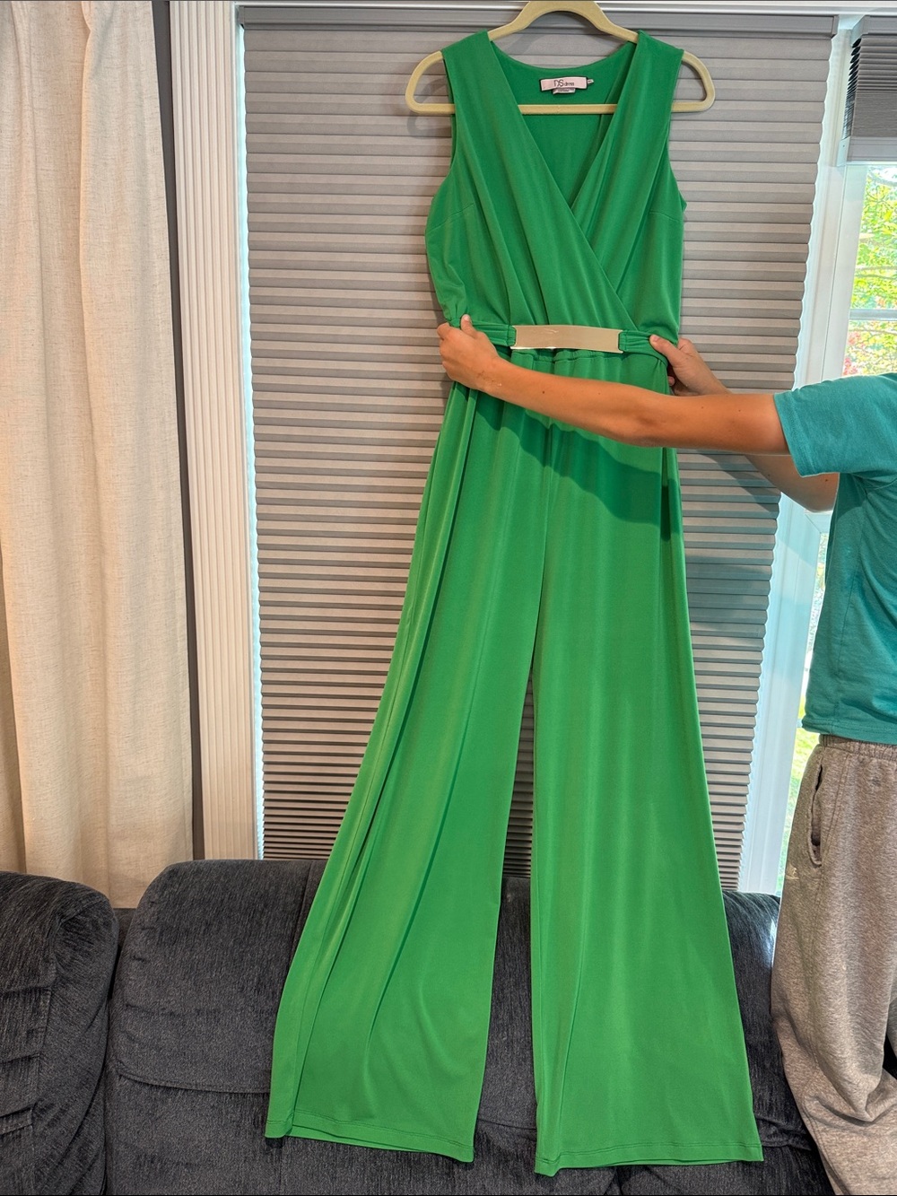 New DS dress Green  Wide-Leg Jumpsuit with gold Belt - size L